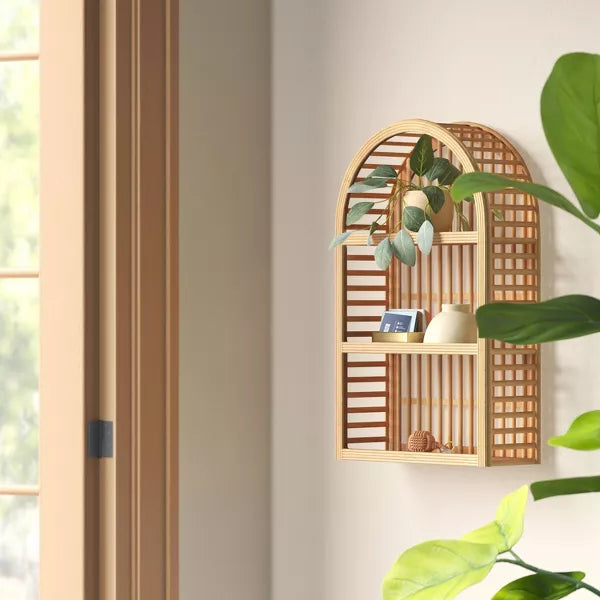 12" x 20" Wood and Rattan Wall Shelf Natural - Threshold™: Modern Vertical Geometric Decor, No Battery Required