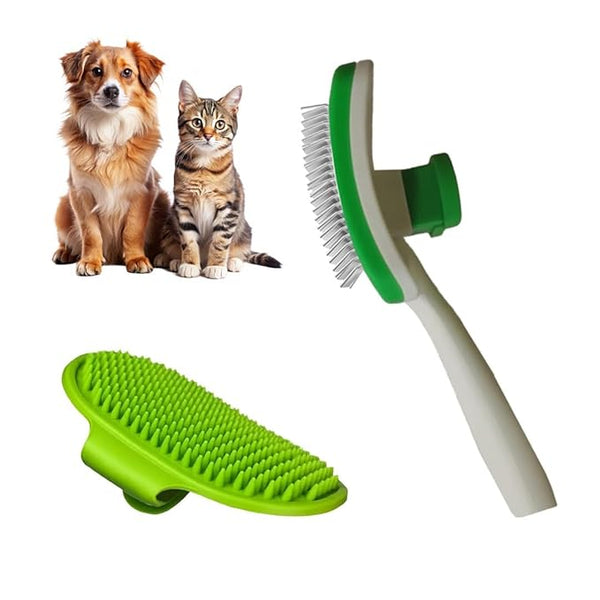 2 Pcs Self Cleaning Slicker Brush & Bath Brush For Dogs and Cats - Skin Friendly Deshedding Dog Brush Suitable For Shedding & Haired Pets, Green
